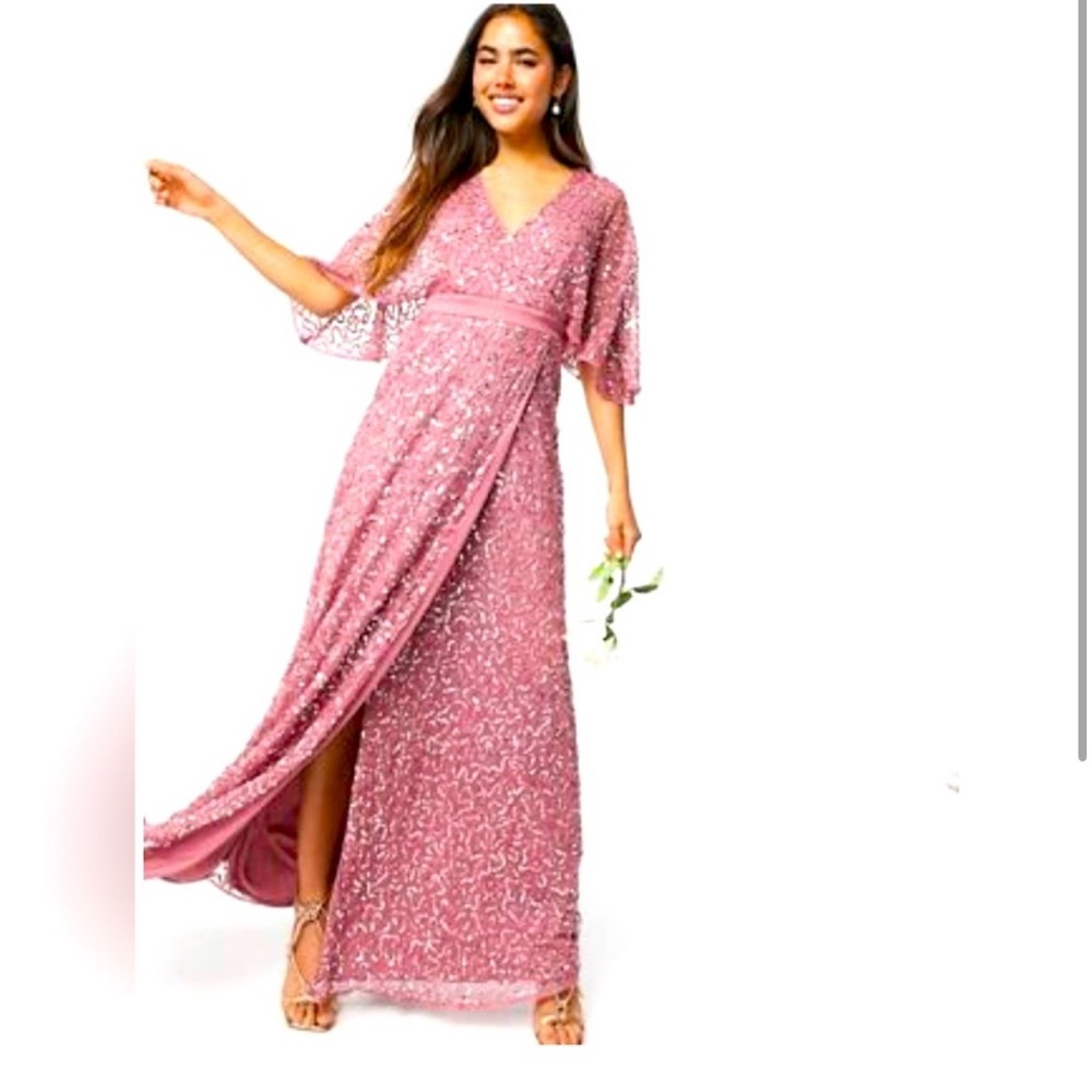 ASOS Pink Wrap Maxi Gown with Flutter Sleeves and V-Neck for Prom